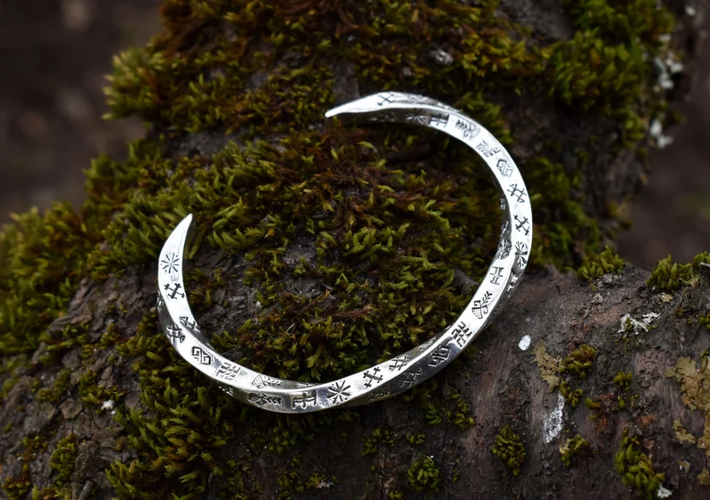il_794xN.5895081435_4zes Sterling Silver Latvian Cuff Bracelet with Baltic Runes, Handmade Norse Sign Jewelry for Everyday, Sustainable Gift for Jewelry Lover - Image 1