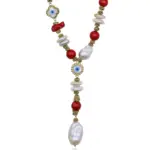 Beaded Coral Necklace with Baroque Pearl, Gemstone Necklace, Charm Necklace, Handmade Jewelry - Image 3